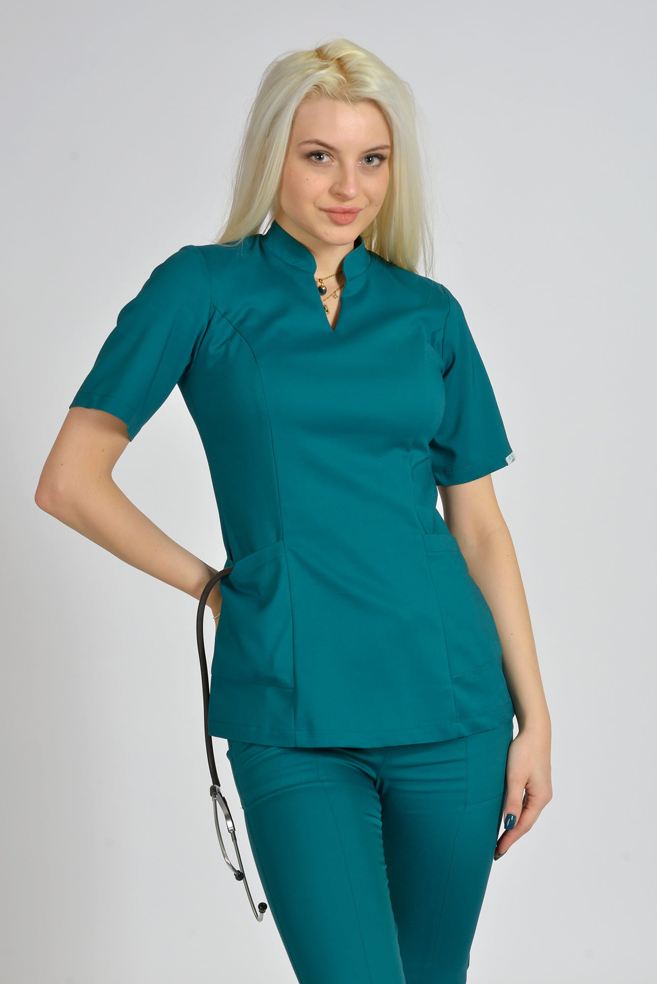 Bluzka medyczna damska Premium Scrubs stójka Sea/ Morska