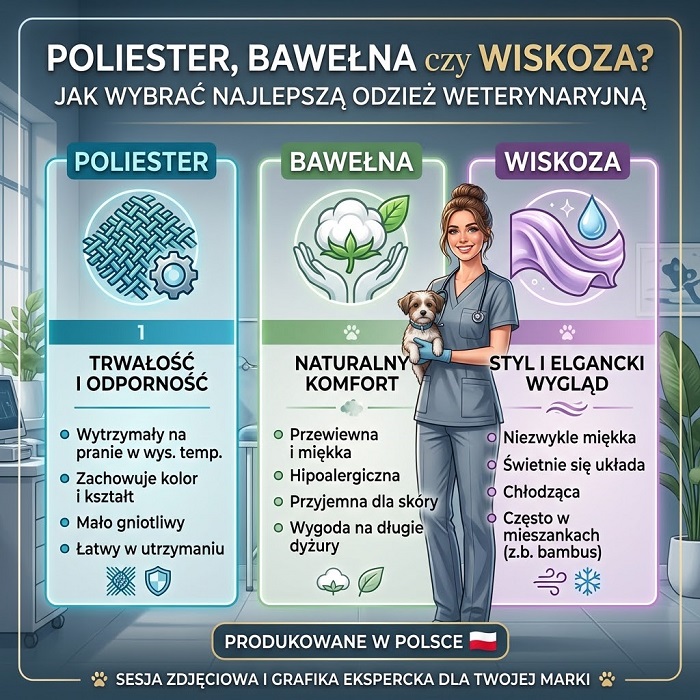 Poliester, bawełna czy wiskoza? Jak wybrać najlepszą odzież weterynaryjną